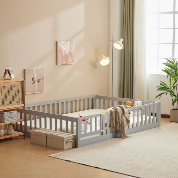 灰色 油漆面 松木 围栏床 带门 带铺板 Full 儿童木床-11