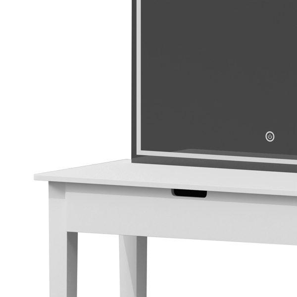 带镜子的梳妆台套装，化妆桌配有一个抽屉，可收纳化妆品，卧室梳妆台配有可调光LED灯和凳子，白色饰面-9