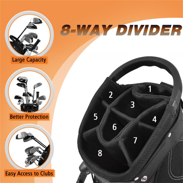 防水高尔夫球架袋-420D尼龙，3向分隔带+7个拉链口袋，黑色-11