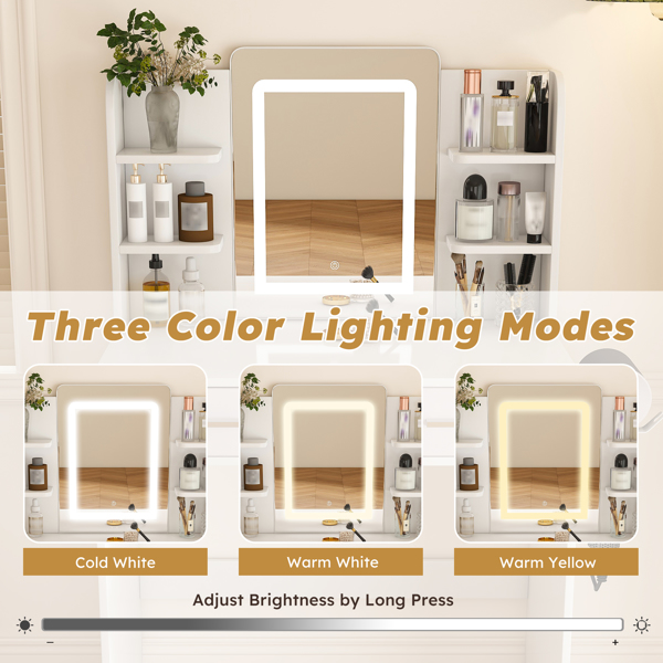 女士/女孩专用带灯LED镜面梳妆台 - 三色可调灯带、两个大抽屉、吹风机支架和无纺布收纳袋，化妆桌卧室家具-9