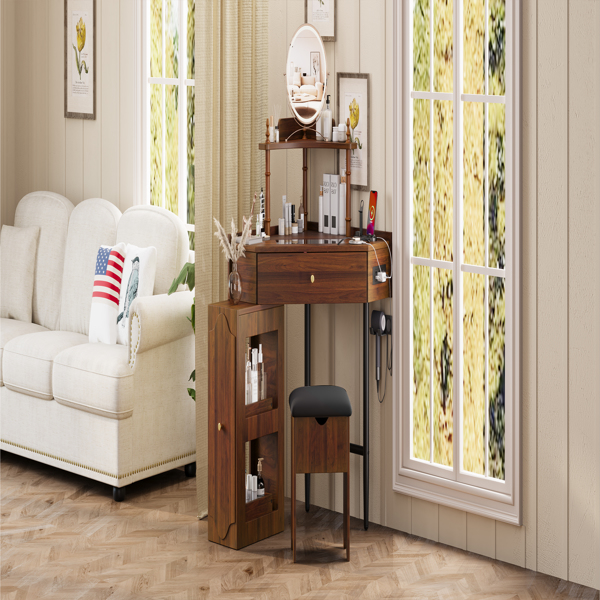 转角梳妆台套装，带储物软垫凳和充电站；三角形化妆台，带可拆卸拉出式侧柜；玻璃桌面化妆台，带抽屉和搁板；胡桃木色-12