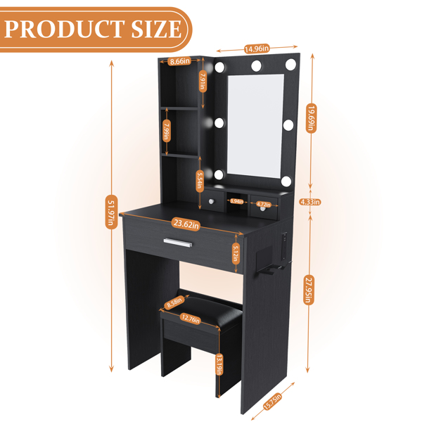 带镜子、可调节LED灯、电源插座、吹风机支架和凳子的梳妆台——适用于小卧室的紧凑型梳妆台（黑色）-9