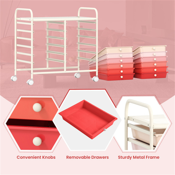 12抽屉滚动储物车-2排10层，多色抽屉，4个轮子（2个制动器），白色框架-粉色-5