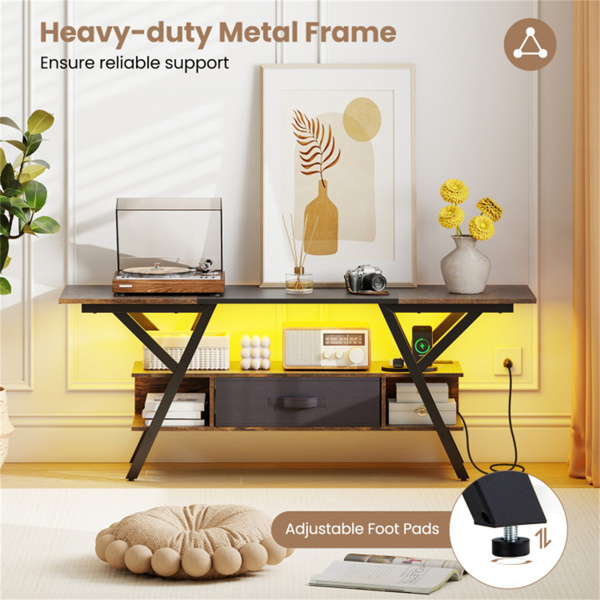 55英寸LED发光电视支架-16种颜色+4种模式，内置充电站（2个AC+USB+C型），乡村棕色+黑色-10