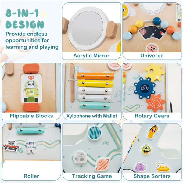 8合1木制婴儿学步车推拉学习活动中心，带轮子，适合1岁以上幼儿-绿色-9