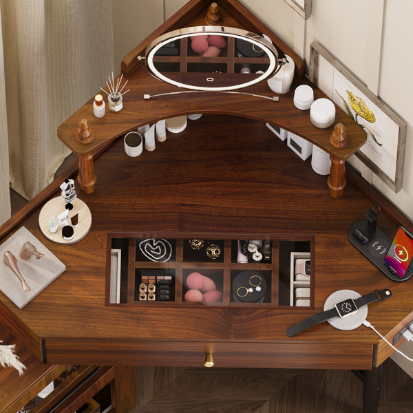 转角梳妆台套装，带储物软垫凳和充电站；三角形化妆台，带可拆卸拉出式侧柜；玻璃桌面化妆台，带抽屉和搁板；胡桃木色-17
