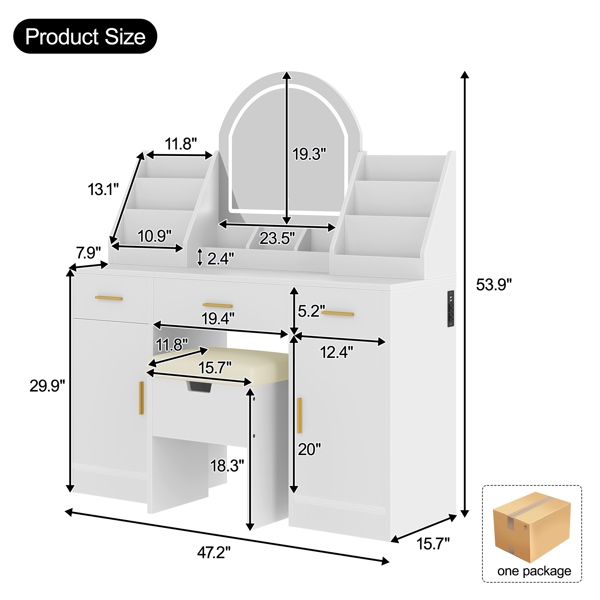 47.2英寸化妆台，带镜子和灯，梳妆台配有软垫储物凳，梳妆台带有两个收纳架、3个抽屉和2个柜子，适用于卧室，白色-8