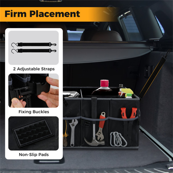 13加仑汽车后备箱收纳器-3个隔间+6个口袋，600D牛津布，防滑底座，黑色-9
