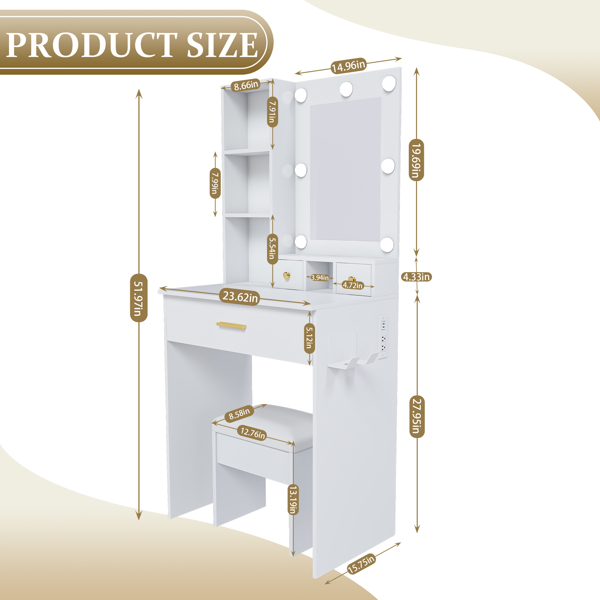 带镜子、可调节LED灯、电源插座、吹风机支架和凳子的梳妆台——适用于小卧室的紧凑型梳妆台（白色）-2
