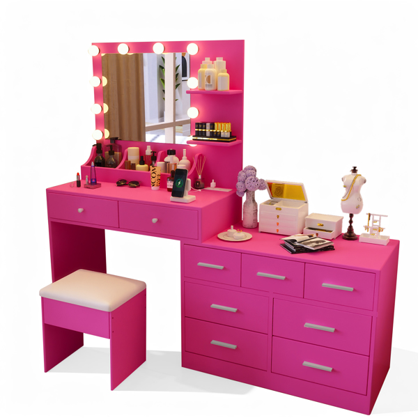 芭比粉 刨花板 贴麻面三胺 9抽2层架 1桌面收纳 梳妆桌套装 带三色调光灯泡 组合柜-2