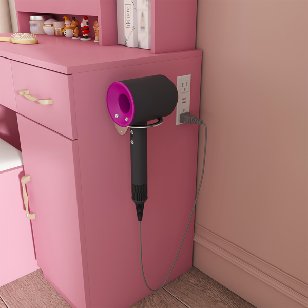 带LED镜灯和电源插座充电站的梳妆台，带3个抽屉、7个搁板和储物凳的化妆梳妆台，适合女孩和女士（粉色）-12