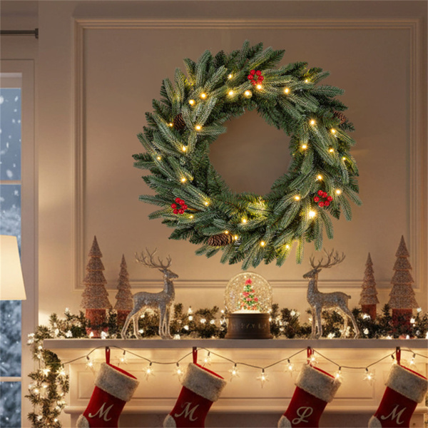 24英寸圣诞花环（绿色）-20个暖白色LED+松果+红色浆果-2