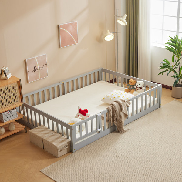 灰色 油漆面 松木 围栏床 带门 带铺板 Full 儿童木床-10