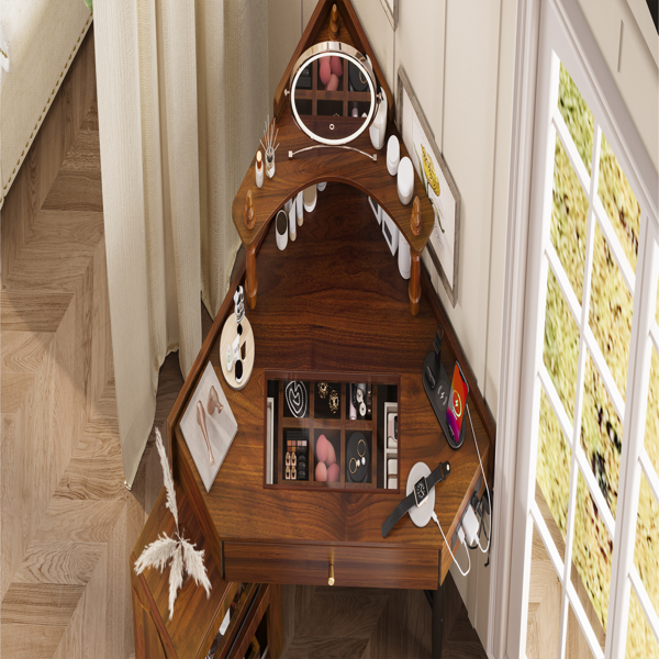 转角梳妆台套装，带储物软垫凳和充电站；三角形化妆台，带可拆卸拉出式侧柜；玻璃桌面化妆台，带抽屉和搁板；胡桃木色-18