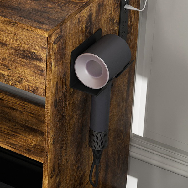 带镜子、可调节LED灯、电源插座、吹风机架和凳子的梳妆台——适用于小卧室的紧凑型梳妆台（复古款）-4