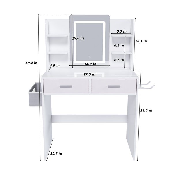 女士/女孩专用带灯LED镜面梳妆台 - 三色可调灯带、两个大抽屉、吹风机支架和无纺布收纳袋，化妆桌卧室家具-6