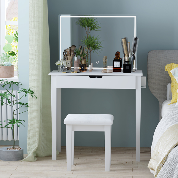 带镜子的梳妆台套装，化妆桌配有一个抽屉，可收纳化妆品，卧室梳妆台配有可调光LED灯和凳子，白色饰面-4