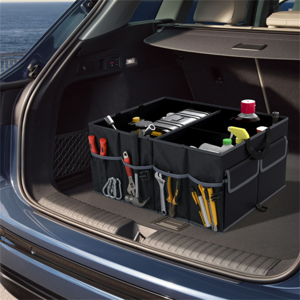 13加仑汽车后备箱收纳器-3个隔间+6个口袋，600D牛津布，防滑底座，黑色-8