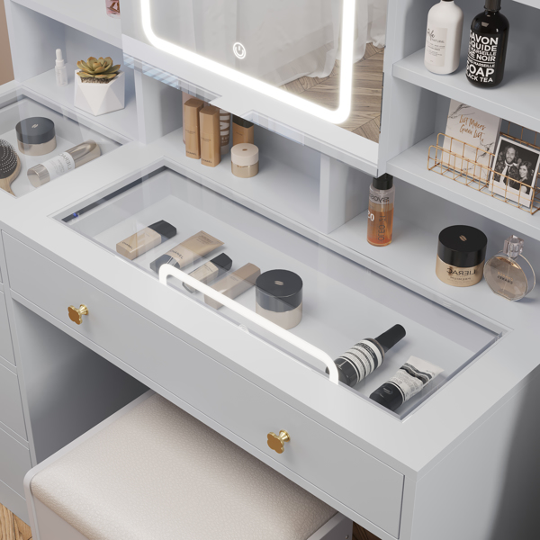 白色 刨花板 钢化玻璃桌面 贴麻面三胺 5抽 带层架 带挂钩 梳妆桌套装 带排插 LED三色调光镜-8