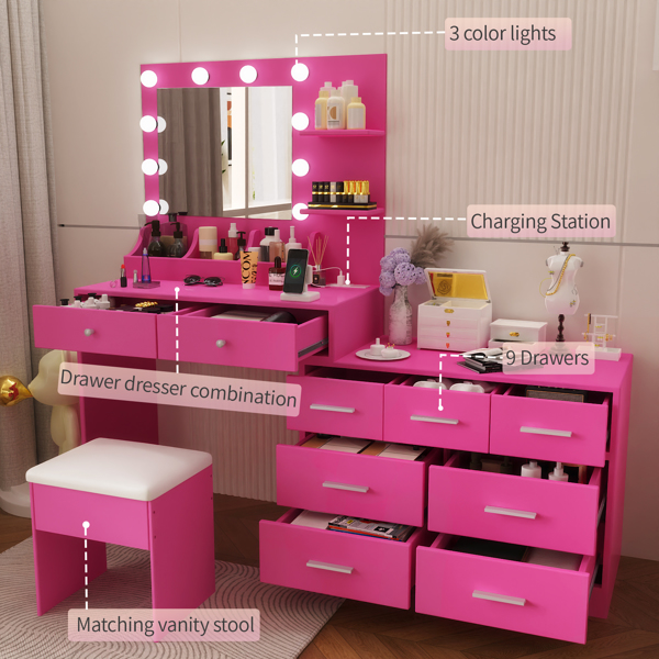 芭比粉 刨花板 贴麻面三胺 9抽2层架 1桌面收纳 梳妆桌套装 带三色调光灯泡 组合柜-6