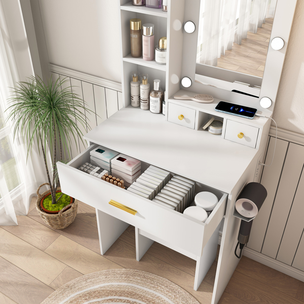 带镜子、可调节LED灯、电源插座、吹风机支架和凳子的梳妆台——适用于小卧室的紧凑型梳妆台（白色）-14