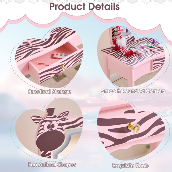 马卡龙粉 密度板+实木腿 喷漆+丝印 斑马 1抽 儿童梳妆桌套装 LED三色调光触摸开关-9