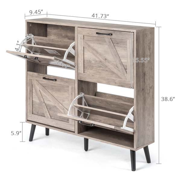 谷仓门4翻斗 金属黑色一字把手+三胺刨花板+黑色实木塑封锥形腿 鞋柜 106*24*98cm 水洗灰-9