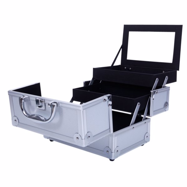 手提顶部双开带镜子 铝合金 银色 化妆箱 SM-2176-13