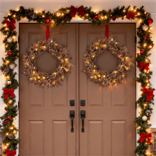 24英寸预点燃圣诞花环-35个暖白色LED灯+6个松果，105个树枝尖（棕色）-7