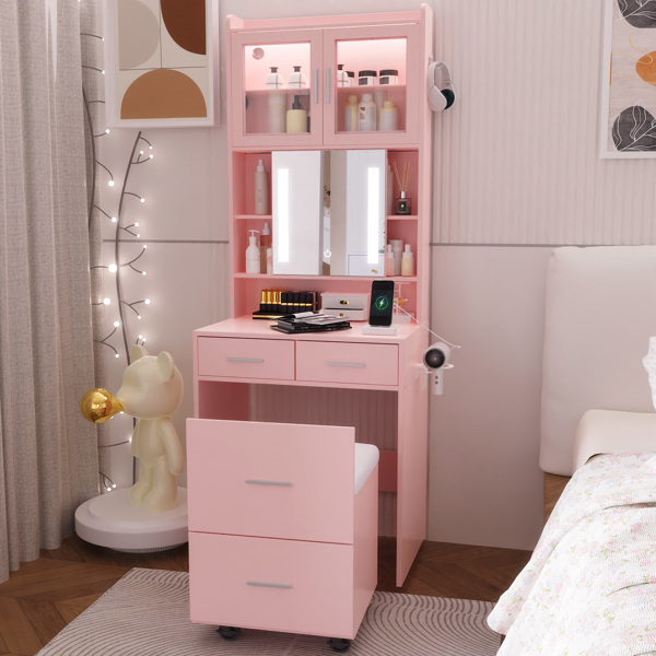 苹果粉 刨花板 贴麻面三胺 3抽2门 1LED3色调光可滑动镜 梳妆桌套装 带RGB灯带 1对羊角钩 排插 吹风机座 脚轮 小尺寸-8