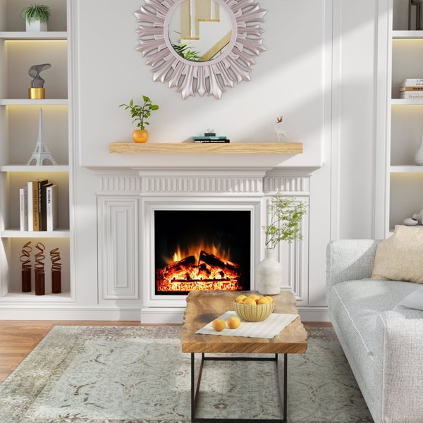 壁炉架，60英寸木质悬浮式壁炉架，壁挂式手工木支架，壁炉上方壁炉架，配有升级树脂端盖，60英寸宽 x 8英寸深 x 3英寸高，仿旧橡木-2