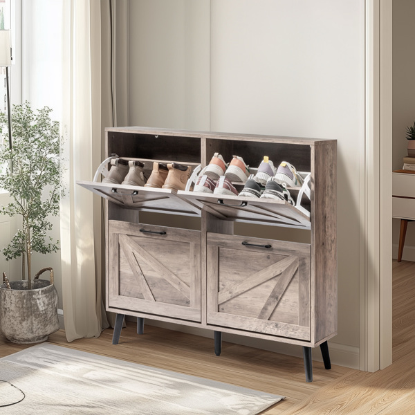 谷仓门4翻斗 金属黑色一字把手+三胺刨花板+黑色实木塑封锥形腿 鞋柜 106*24*98cm 水洗灰-2