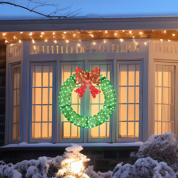 36in 绿色 花环带蝴蝶结  225L皮线灯 绿色加红光 带遥控带定时 圣诞灯饰花环 30V 3.6W 美规-11