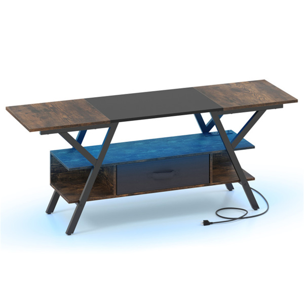 55英寸LED发光电视支架-16种颜色+4种模式，内置充电站（2个AC+USB+C型），乡村棕色+黑色-3