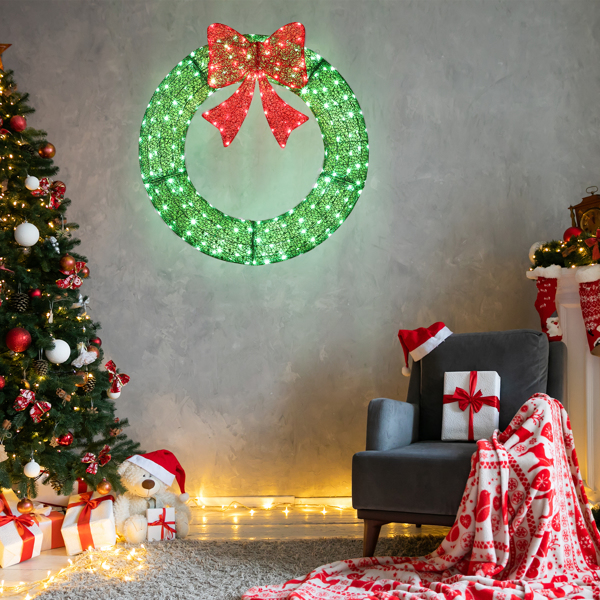 36in 绿色 花环带蝴蝶结  225L皮线灯 绿色加红光 带遥控带定时 圣诞灯饰花环 30V 3.6W 美规-9