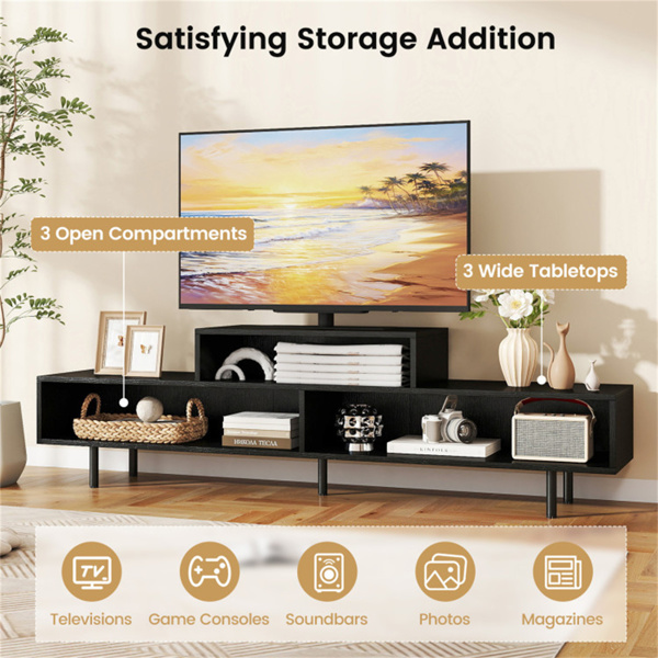 63英寸电视支架，适用于70英寸电视-3个分类隔间，乡村棕色/黑色/白色，工程木+金属-11