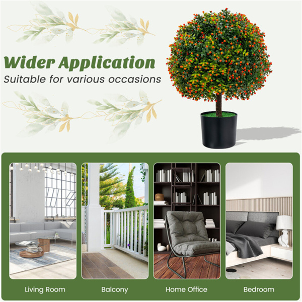 2件套22英寸人造园艺球树-15英寸箱形木球+橙色水果，PE/PVC+水泥，绿色+橙色-8