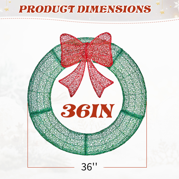 36in 绿色 花环带蝴蝶结  225L皮线灯 绿色加红光 带遥控带定时 圣诞灯饰花环 30V 3.6W 美规-7