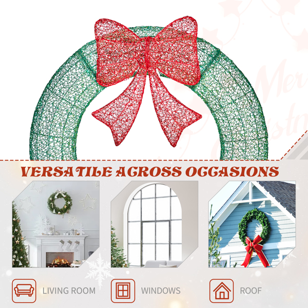 36in 绿色 花环带蝴蝶结  225L皮线灯 绿色加红光 带遥控带定时 圣诞灯饰花环 30V 3.6W 美规-3