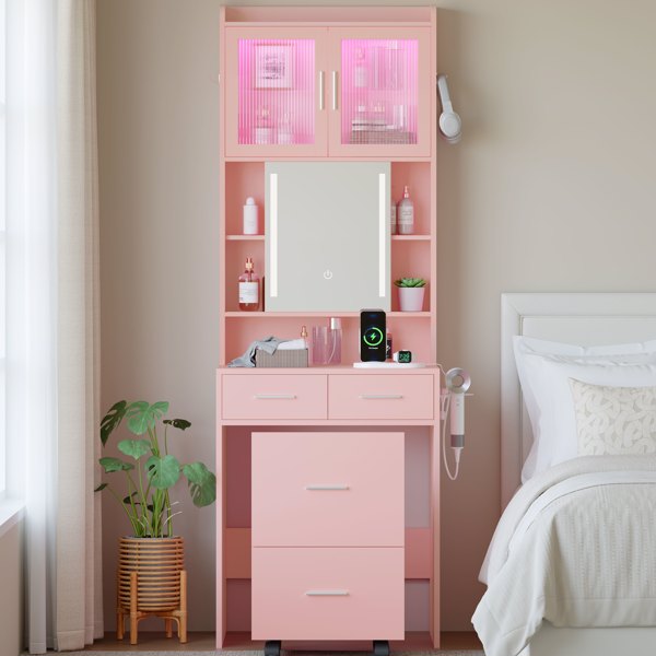 苹果粉 刨花板 贴麻面三胺 3抽2门 1LED3色调光可滑动镜 梳妆桌套装 带RGB灯带 1对羊角钩 排插 吹风机座 脚轮 小尺寸-11