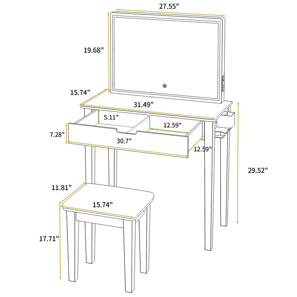 带镜子的梳妆台套装，化妆桌配有一个抽屉，可收纳化妆品，卧室梳妆台配有可调光LED灯和凳子，白色饰面-5