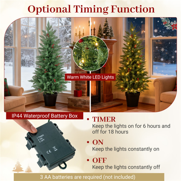 2棵4FT LED圣诞树，带定时器和15个红莓簇，易于组装-9