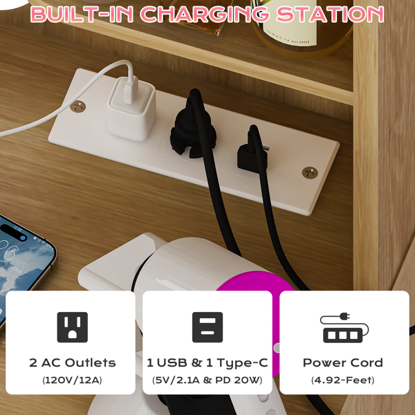 橡木色 刨花板 贴麻面三胺 4抽2层架 梳妆桌 带10粒三色调光灯泡 带排插 格栅系列-4