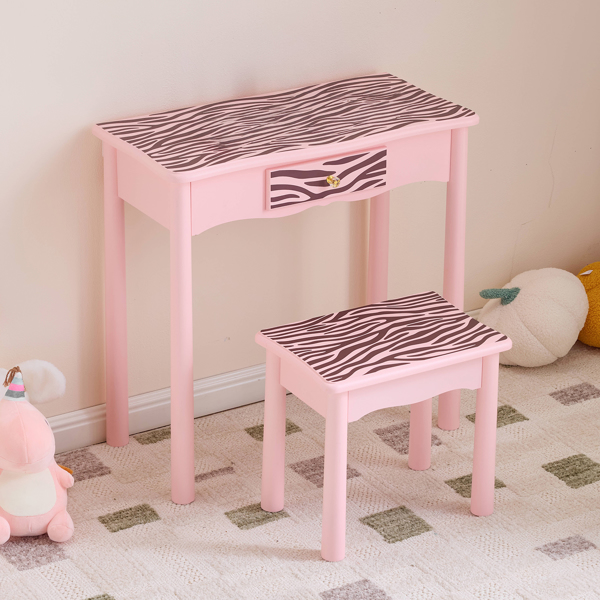 马卡龙粉 密度板+实木腿 喷漆+丝印 斑马 1抽 儿童梳妆桌套装 LED三色调光触摸开关-14