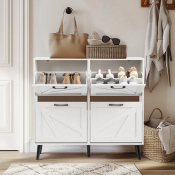 谷仓门4翻斗 金属黑色一字把手+三胺刨花板 +黑色实木塑封锥形腿 鞋柜 106*24*98cm 做旧白