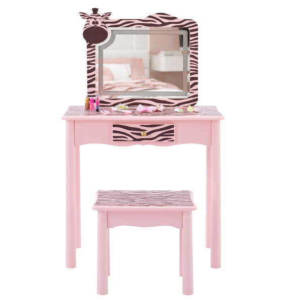 马卡龙粉 密度板+实木腿 喷漆+丝印 斑马 1抽 儿童梳妆桌套装 LED三色调光触摸开关-4