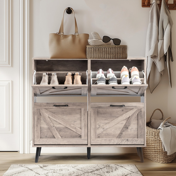 谷仓门4翻斗 金属黑色一字把手+三胺刨花板+黑色实木塑封锥形腿 鞋柜 106*24*98cm 水洗灰-1