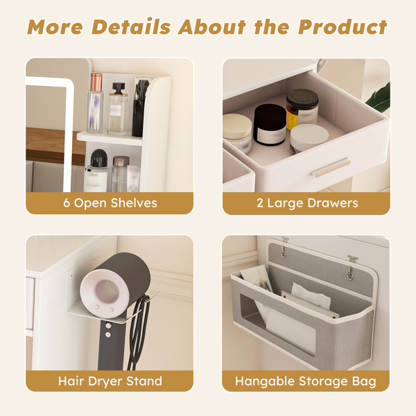 女士/女孩专用带灯LED镜面梳妆台 - 三色可调灯带、两个大抽屉、吹风机支架和无纺布收纳袋，化妆桌卧室家具-13