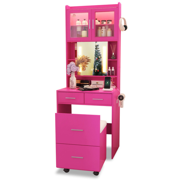 芭比粉 刨花板 贴麻面三胺 3抽2门 1LED3色调光可滑动镜 梳妆桌套装 带RGB灯带 1对羊角钩 排插 吹风机座 脚轮 小尺寸-3