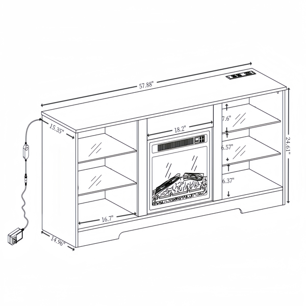 电视柜电壁炉玻璃搁板，3D壁炉电视柜带LED灯，木质框架，带USB充电插座，现代电视桌中心，适用于最大62英寸电视，58英寸宽*15.5英寸深*24.4英寸高-7